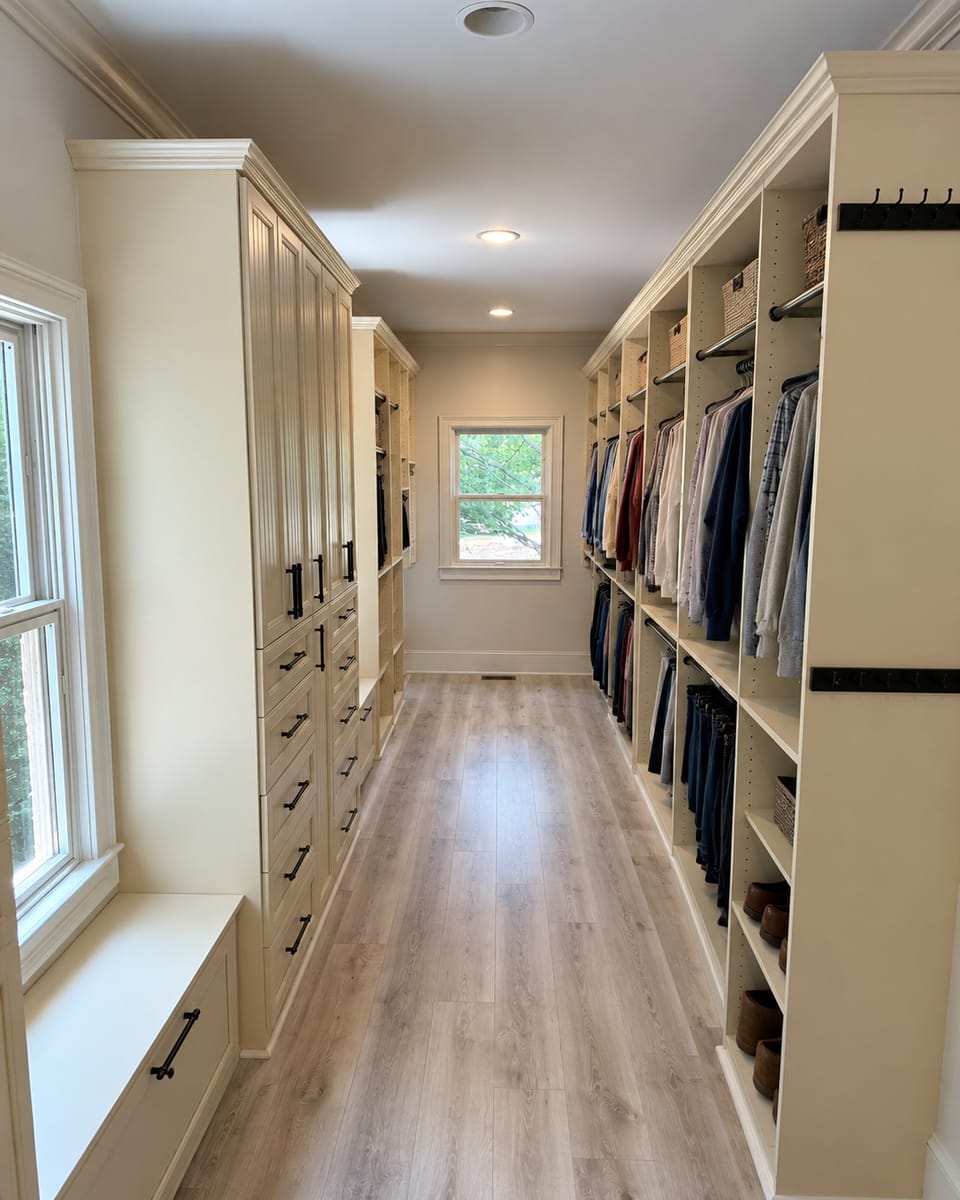 Walk-in closet with cream painted built-in cabinetry, drawers and shelving