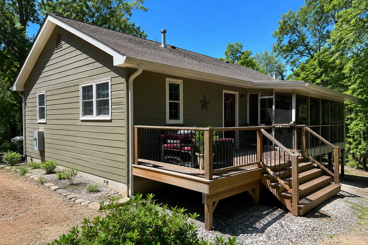 Home with olive green siding beside a stained wood deck, railing and steps