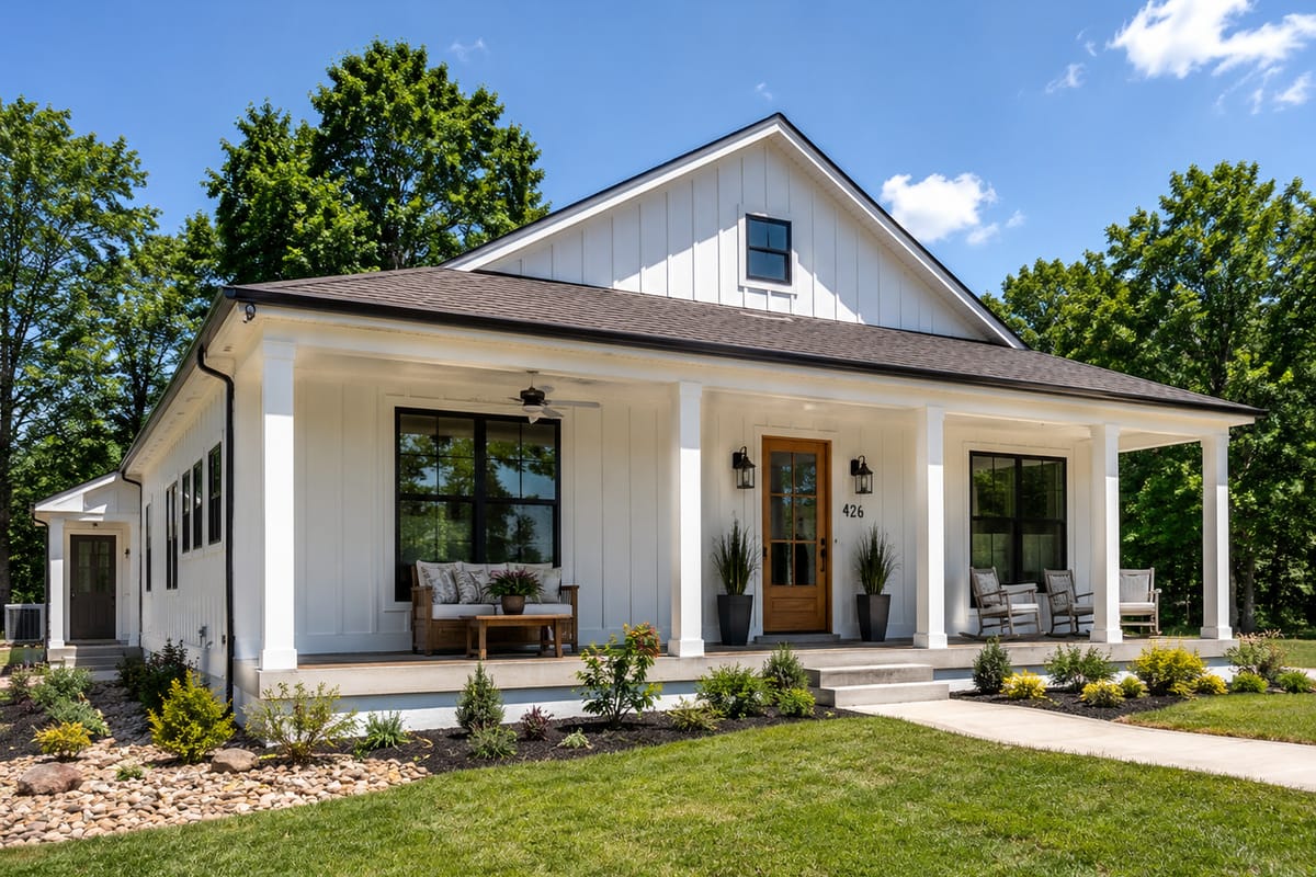 White board-and-batten farmhouse exterior with black window frames and a covered porch