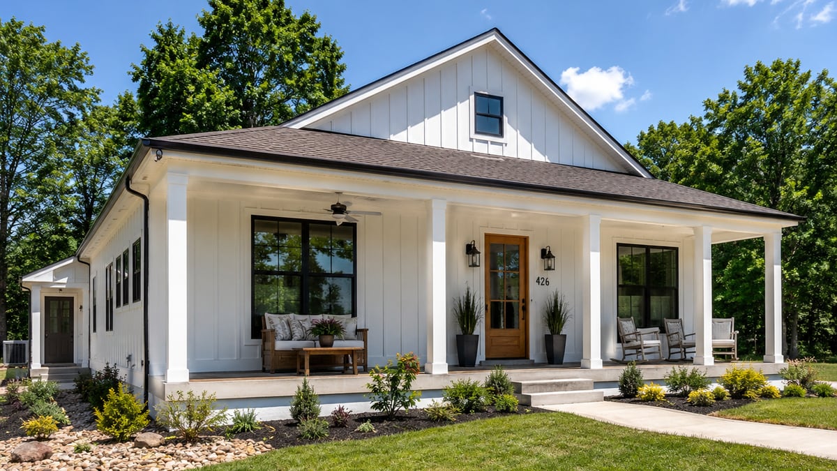 White board-and-batten farmhouse exterior with black window frames and a covered porch