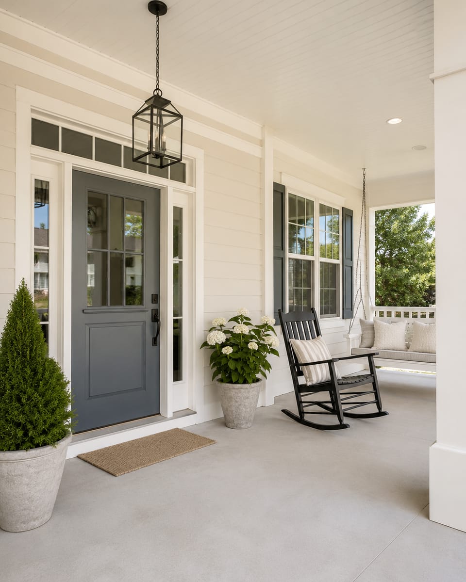 Front porch with white painted columns, a grey front door and white trim