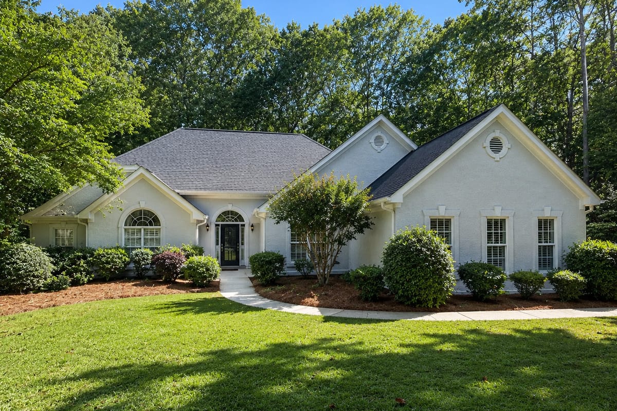 Single-storey home with painted siding, white trim and a landscaped front bed