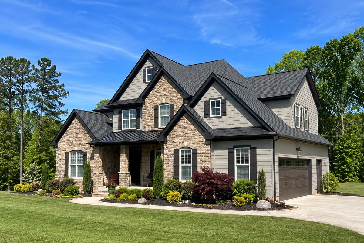 Two-storey home combining stone and painted siding with dark roof trim