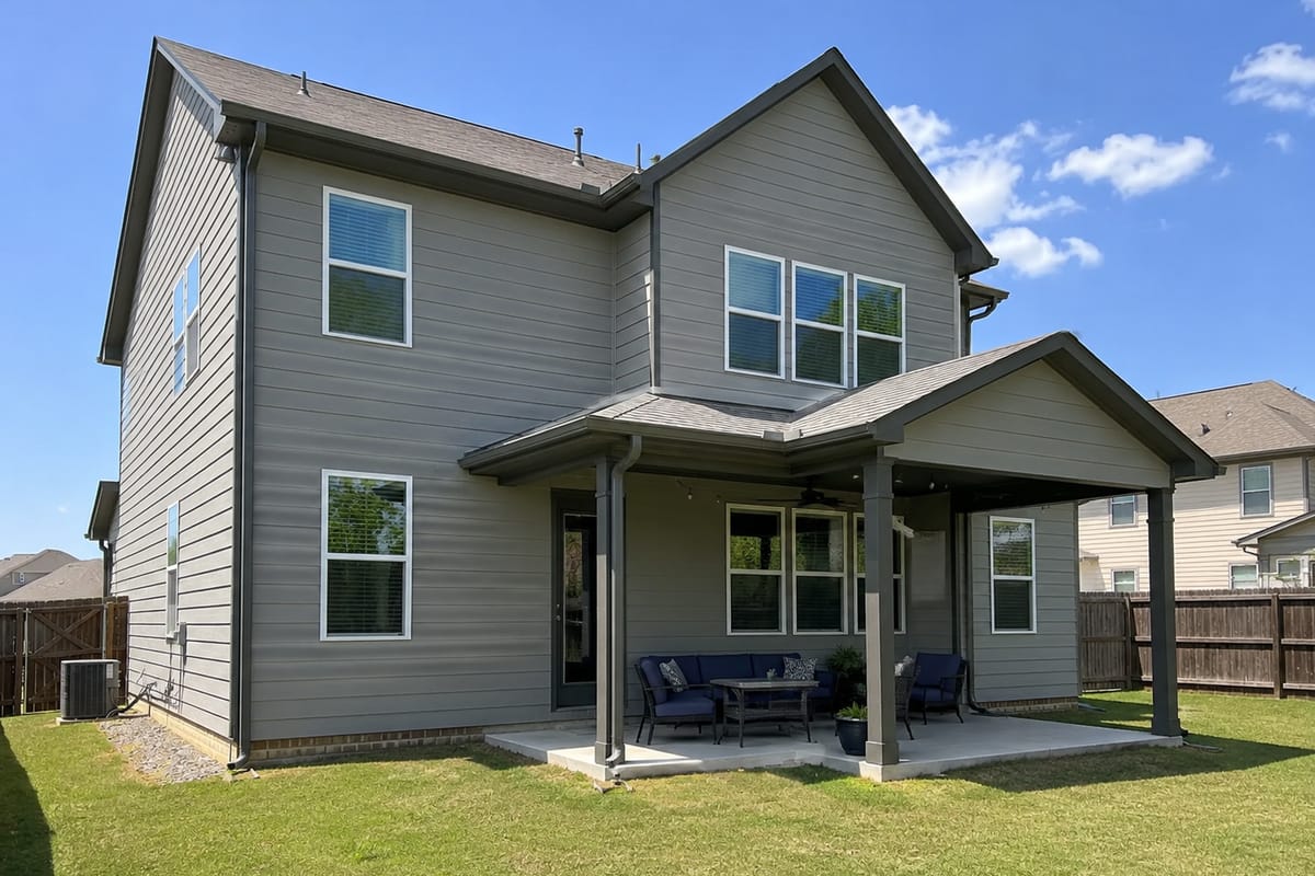Two-storey home with grey siding, white trim and a covered rear patio