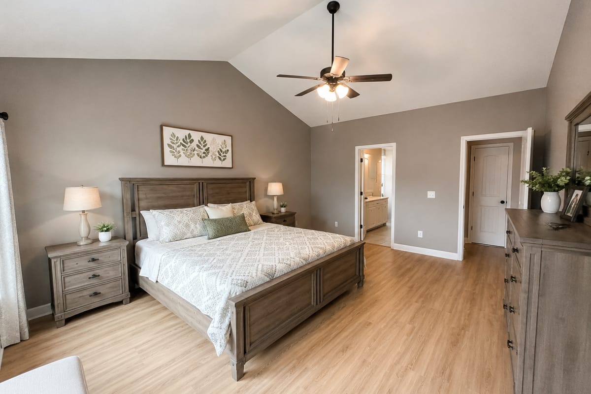 Bedroom with smooth painted walls, a painted ceiling and white door and window trim